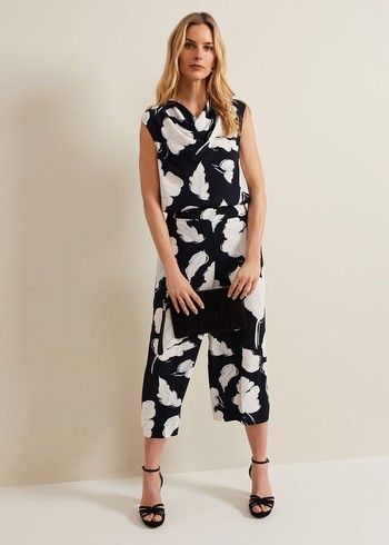 Phase Eight Noelle Floral Print Culotte Trousers Navy Canada | IEKMJG-362